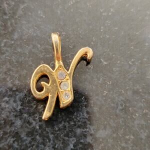 Vintage Pendant Gold Tone Script N Initial Charm With 3 Rhinestone Petite Letter